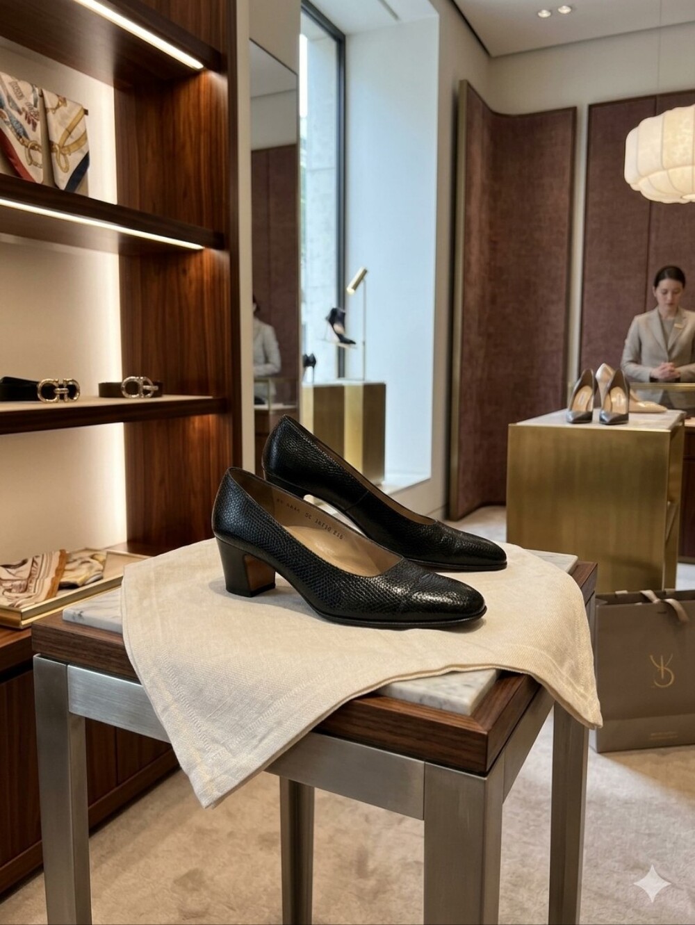 Salvatore Ferragamo Classic Black Textured Leather Block Heel Pumps